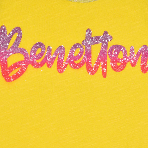 Tricou de bumbac cu inscripția mărcii din brocart, galben Benetton 227282 2