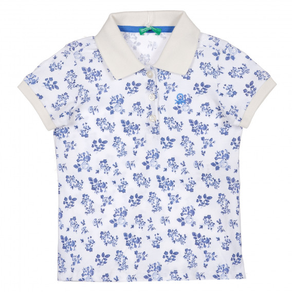 Tricou din bumbac cu guler și imprimeu floral, de culoare albă Benetton 227919 