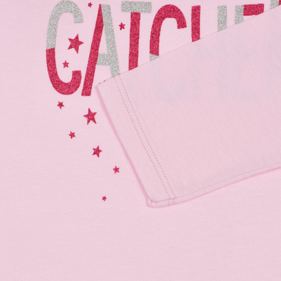 Bluză din bumbac cu mâneci lungi și inscripție din brocart, roz Benetton 227953 3