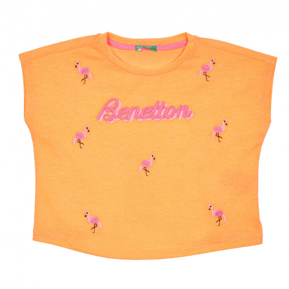 Bluză cu mâneci scurte cu logo brodat de marcă, portocalie Benetton 228346 
