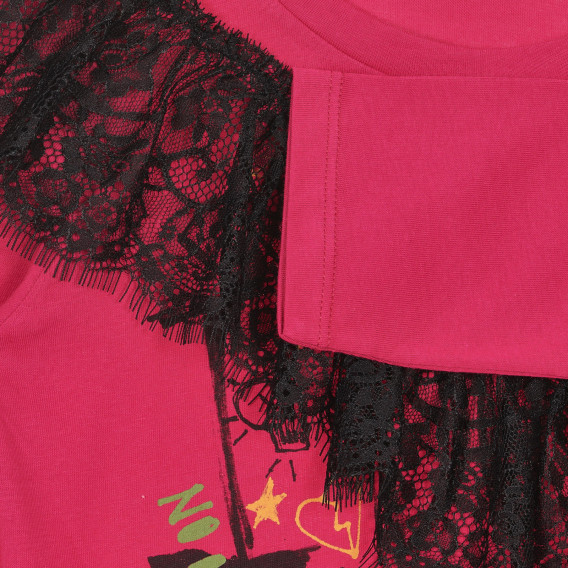 Bluză din bumbac cu dantelă și imprimeu, roz Sisley 228424 3