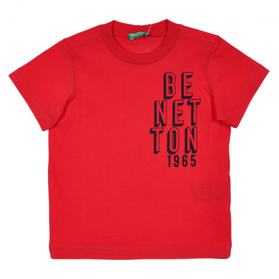 Bluză din bumbac cu mâneci scurte și inscripție de marcă, roșie Benetton 228442 