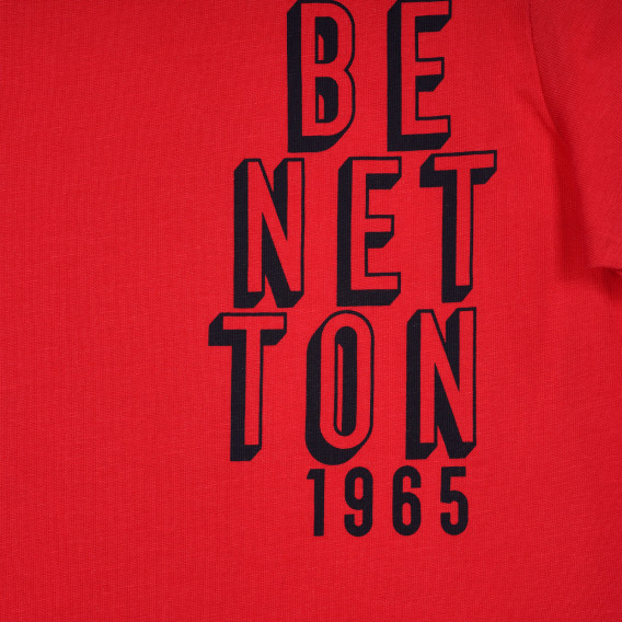 Bluză din bumbac cu mâneci scurte și inscripție de marcă, roșie Benetton 228443 2
