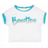 Tricou din bumbac cu accente albastre, alb Benetton 228607 