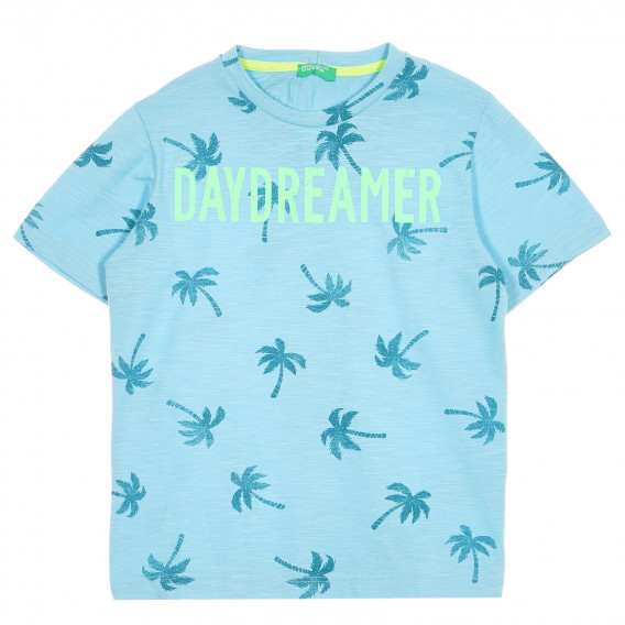 Tricou din bumbac cu imprimeu palmier, în albastru deschis Benetton 228647 