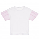 Tricou din bumbac cu mâneci roz, alb Benetton 228734 
