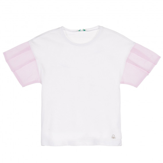 Tricou din bumbac cu mâneci roz, alb Benetton 228734 