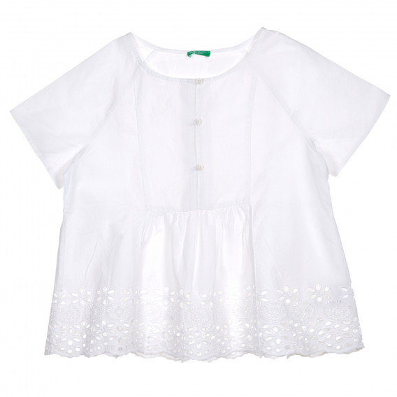 Bluză din bumbac cu mâneci scurte și motive florale, albă Benetton 229013 