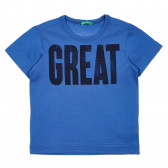 Tricou din bumbac cu inscripția Great, albastru Benetton 229248 
