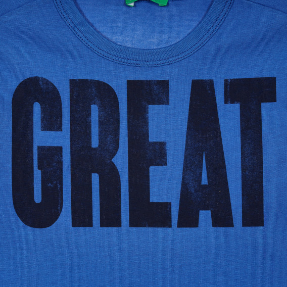 Tricou din bumbac cu inscripția Great, albastru Benetton 229249 2