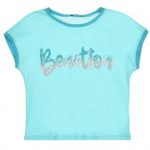 Tricou din bumbac cu inscripție din brocart, de culoare albastru deschis Benetton 229252 5