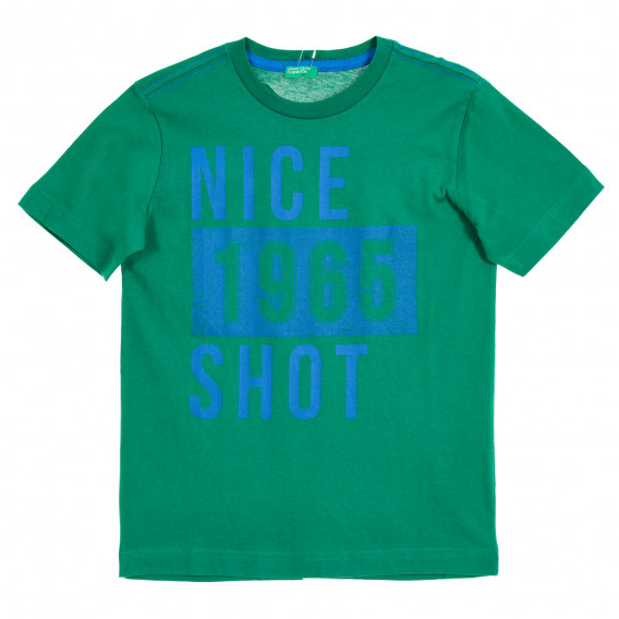Tricou din bumbac cu inscripție albastră, verde Benetton 229454 