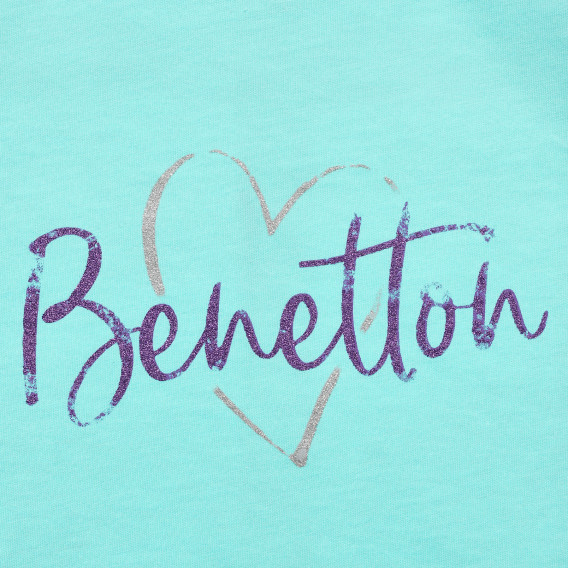 Tricou de bumbac cu detalii violet și inscripția mărcii, albastru deschis Benetton 229635 2