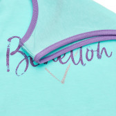Tricou de bumbac cu detalii violet și inscripția mărcii, albastru deschis Benetton 229636 3