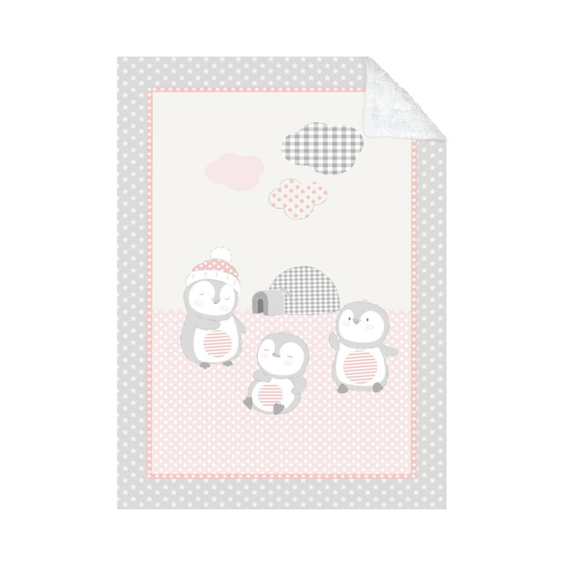 Pătură moale pentru bebeluși cu sherpa Penguin family, 110x140 cm, roz  229701
