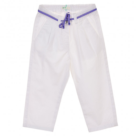 Pantaloni pentru copii din bumbac pentru fete, albi cu șnur albastru Benetton 230258 