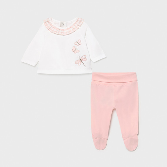 Set de bluză din bumbac și pantaloni cu botoșei pentru bebeluși, alb și roz Mayoral 231428 