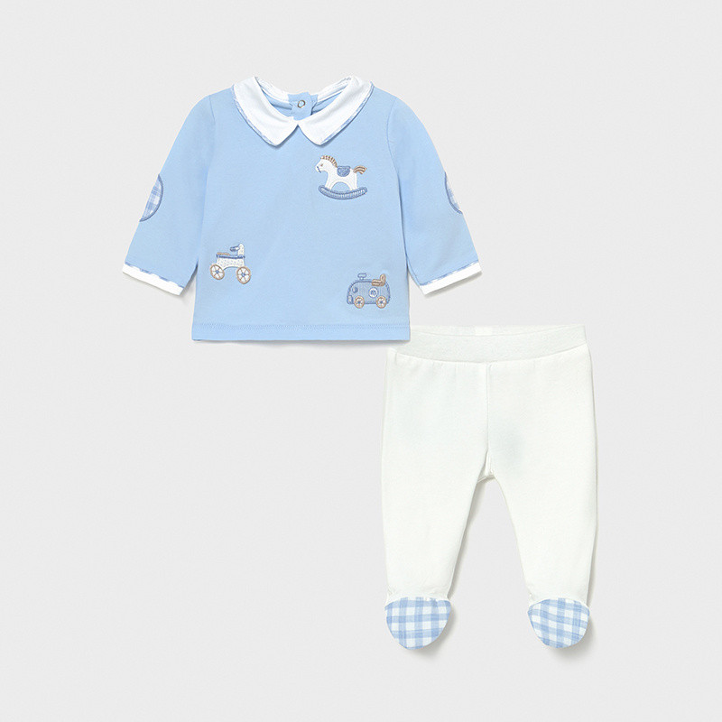 Set de bluză din bumbac și pantaloni cu botoșei pentru bebeluși, alb și albastru  231440