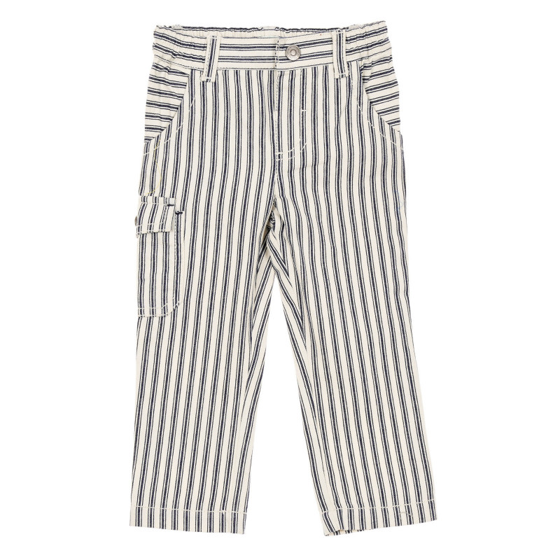 Pantaloni din bumbac cu dungi alb- albastre, cu buzunar lateral pentru bebeluș  232201