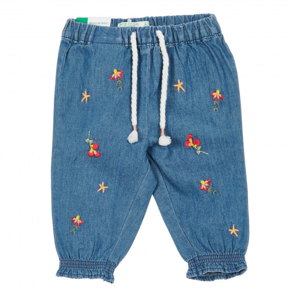 Pantaloni din bumbac cu aplicație florală pentru bebeluș, albastru Benetton 232231 