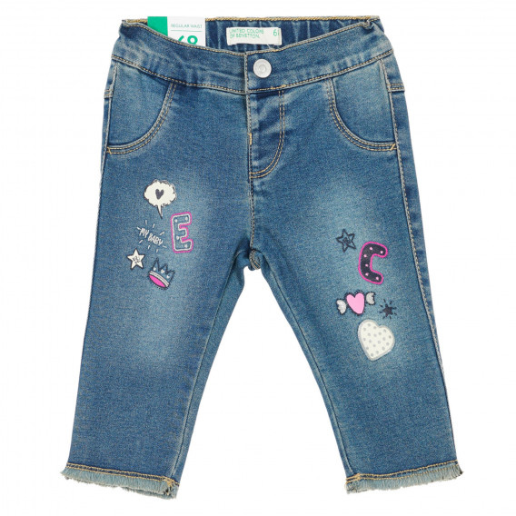Jeans cu aplicație și franjuri pentru bebeluși, albastru Benetton 232376 