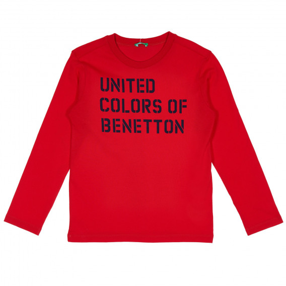 Bluză din bumbac cu mâneci lungi și inscripția mărcii, roșie Benetton 232452 