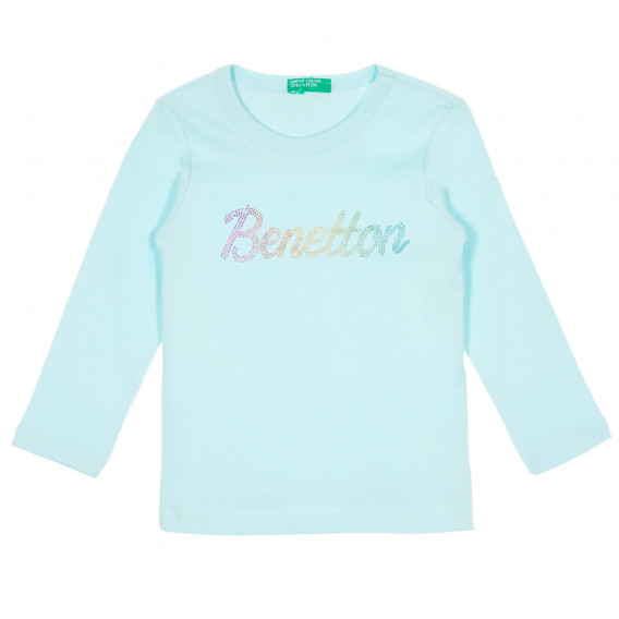 Bluză din bumbac cu inscripție din brocart pentru bebeluș, albastru deschis Benetton 232472 