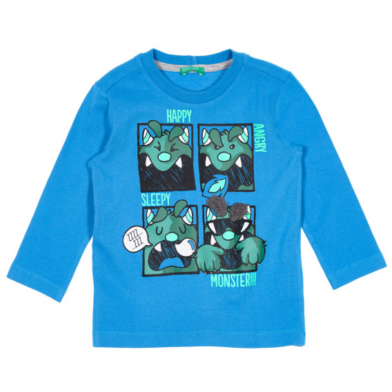 Bluză din bumbac cu imprimeu monstru și inscripții pentru bebeluș, albastră Benetton 232492 
