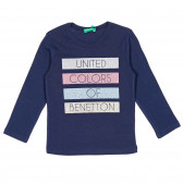 Bluză din bumbac cu inscripție din brocart și numele mărcii pentru bebeluș, albastru închis Benetton 232532 