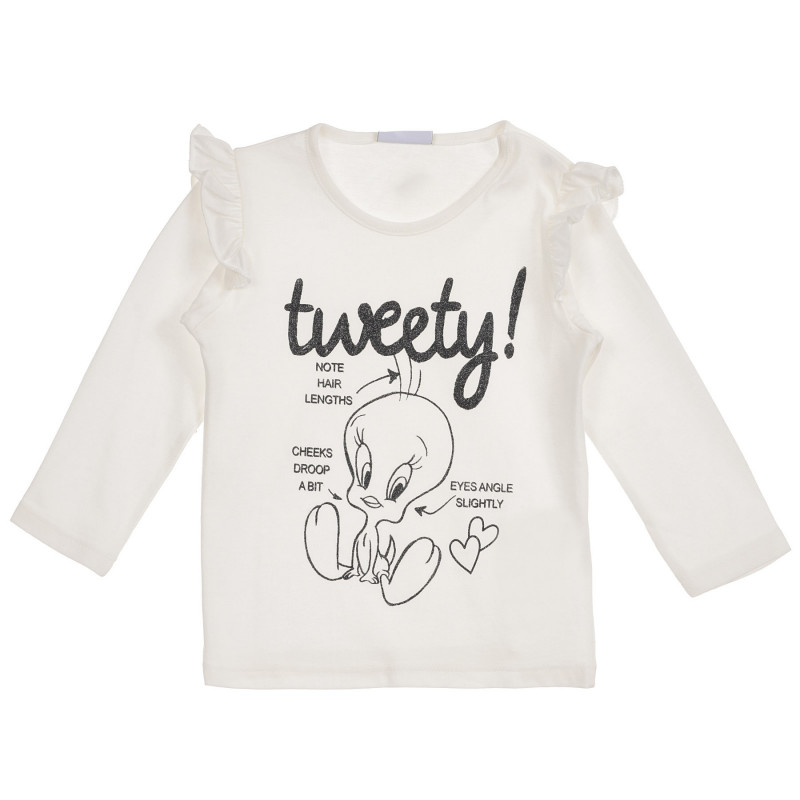 Bluză din bumbac cu volane și imprimeu Tweety pentru bebeluș, albă  232571