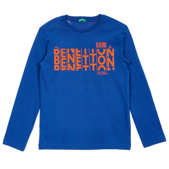 Bluză din bumbac cu numele mărcii, albastră Benetton 232844 