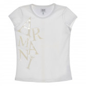 Bluză din bumbac de culoare albă cu mâneci scurte și inscripție pentru fete Armani 235611 