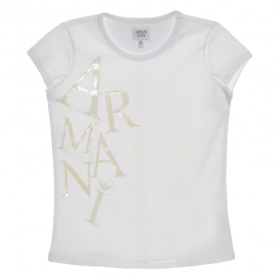 Bluză din bumbac de culoare albă cu mâneci scurte și inscripție pentru fete Armani 235611 