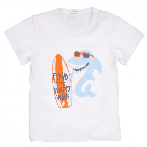 Tricou din bumbac cu imprimeu de rechin pentru bebeluș, alb Benetton 236355 
