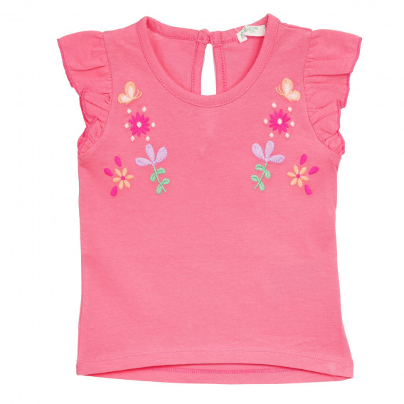 Tricou din bumbac cu aplicație de flori pentru bebeluși, roz Benetton 236367 