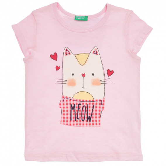 Tricou din bumbac cu imprimeu de pisică cu eșarfă pentru bebeluși, roz Benetton 236391 
