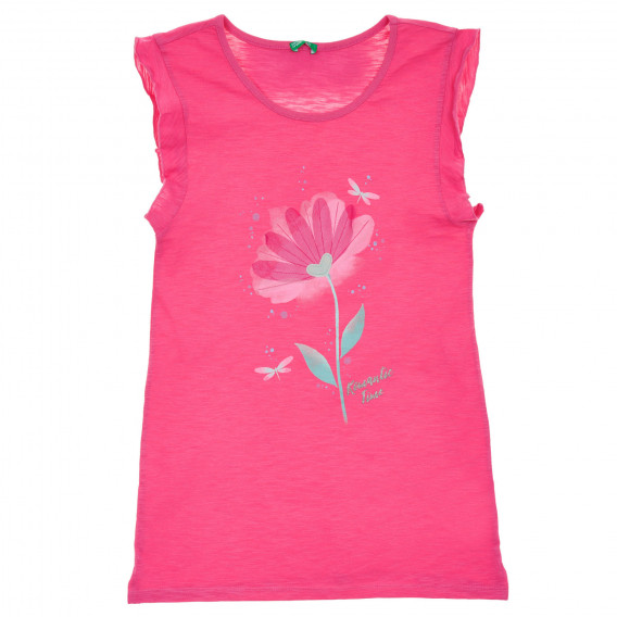 Tricou din bumbac cu aplicație de flori, roz Benetton 236411 