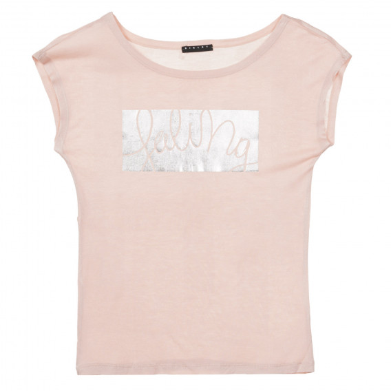 Tricou cu imprimeu argintiu și inscripție, roz deschis Sisley 236479 