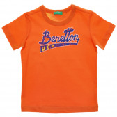 Tricou din bumbac cu inscripția mărcii, portocaliu Benetton 236546 