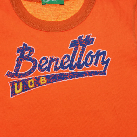 Tricou din bumbac cu inscripția mărcii, portocaliu Benetton 236549 2