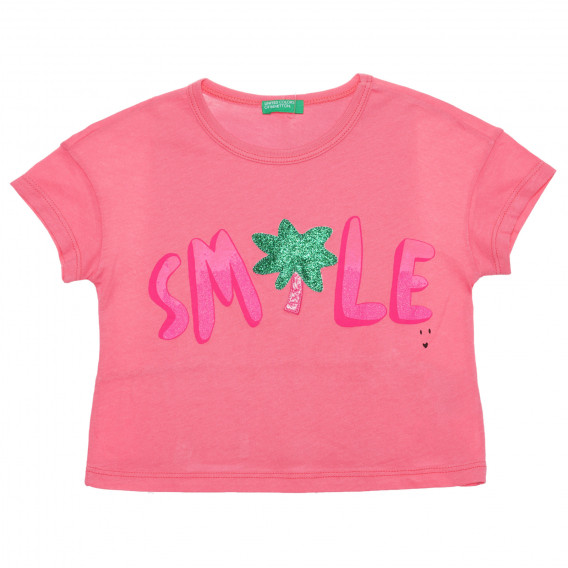 Tricou din bumbac cu inscripția Smile, roz Benetton 236647 