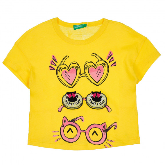 Tricou din bumbac cu ochelari pentru bebeluși, galben Benetton 236980 