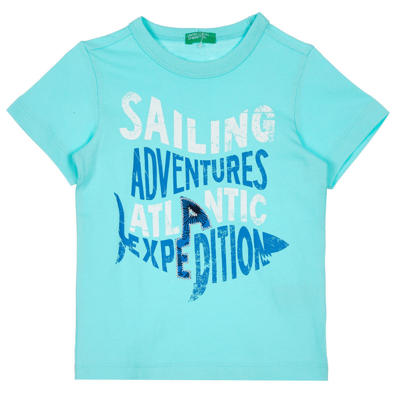 Tricou din bumbac cu imprimeu și inscripții pentru bebeluș, albastru deschis  236996