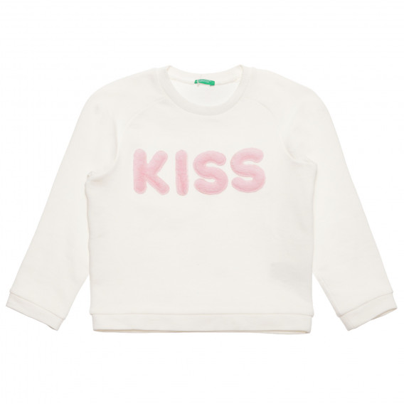 Bluză din bumbac cu inscripție 3D KISS, albă Benetton 237903 