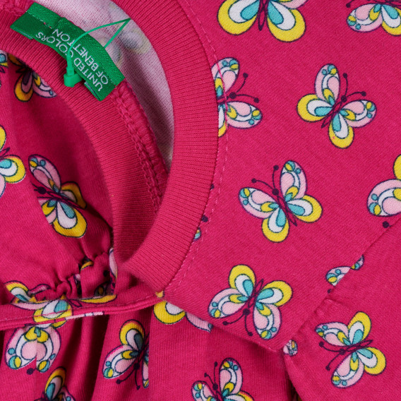 Rochie din bumbac cu imprimeu cu fluturi și volane, roz Benetton 238305 3