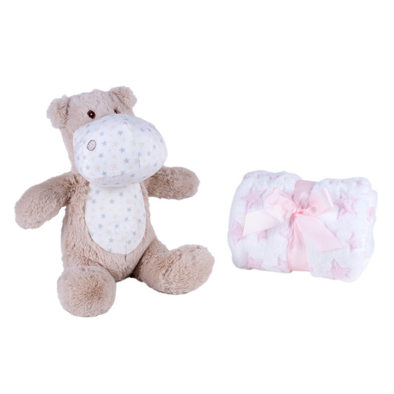 Pătură pentru copii 80 x 100 cm set cu jucărie de pluș Hipopotam, roz  240601