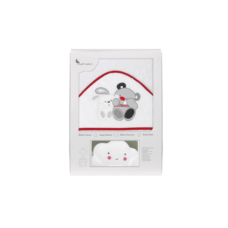 Prosop de baie pentru bebeluși AMIGOS set cu lampă Norișor, 100 x 100 cm, alb și roșu  240683
