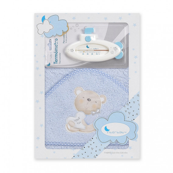 Prosop de baie pentru bebeluși LOVE YOU set cu termometru de baie, 100 x 100 cm, albastru Inter Baby 240696 