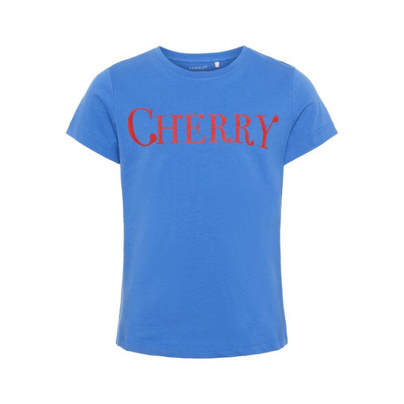 Bluză din bumbac cu mânecă scurtă și inscripție roșie CHERRY pentru fete  240811