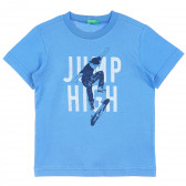 Tricou din bumbac cu imprimeu grafic și inscripție Jump high, albastru Benetton 241218 1